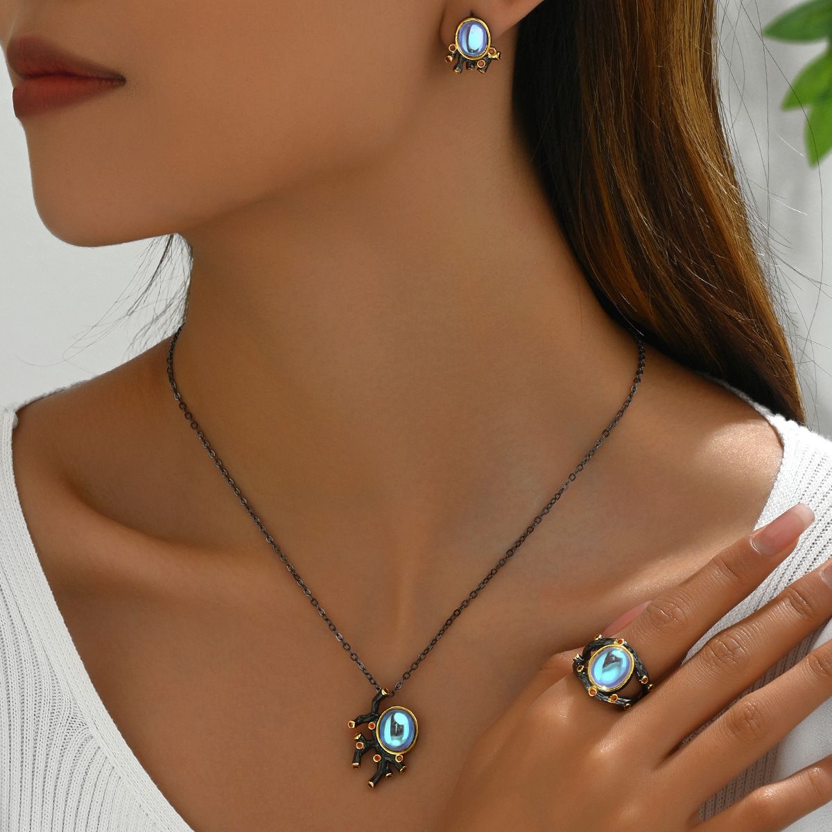 American hip-hop style women's necklace, ring, jewelry set, niche inlaid with moonlight design, earrings versatile_ipsvogv.com