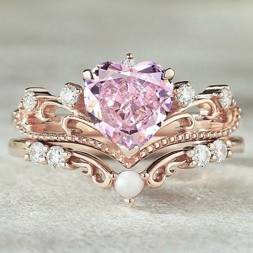 Sanjie's New Rose Gold Crown Set With Pink Heart-shaped Zircon Ring For Women's Accessories_ipsvogv.com