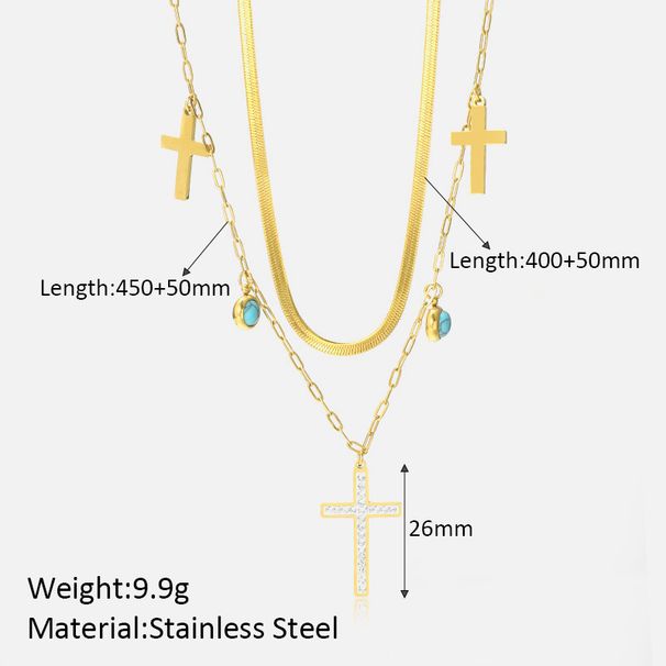 Turquoise Stainless Steel Necklace - Double Layer Diamond Cross Pendant With Gold Plated Chain_ipsvogv.com