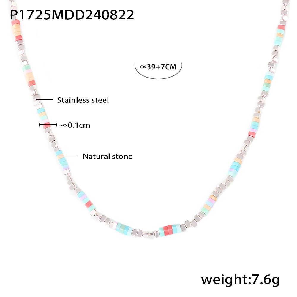 New Dopamine Shattered Silver Bead Necklace, Niche Trend, Colorful Natural Stone, Stainless Steel Collarbone, Neck_ipsvogv.com