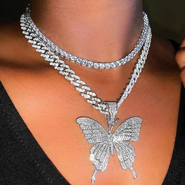 Fashion Jewelry Micro-inlaid Rhinestone Fashion Cuba Big Butterfly Necklace 12mm Hip Hop Chain_ipsvogv.com