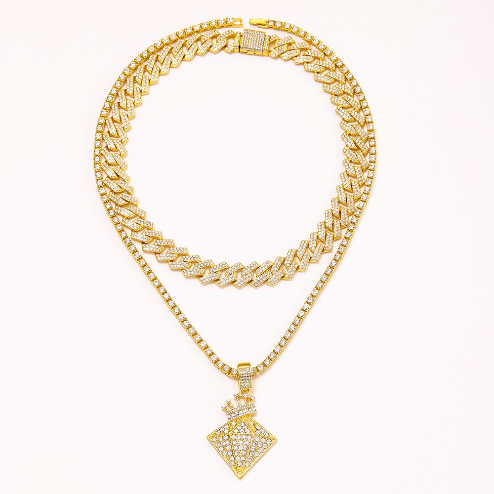 Hip hop alloy full diamond crown diamond high quality fashion necklace set Cuban chain tennis_ipsvogv.com