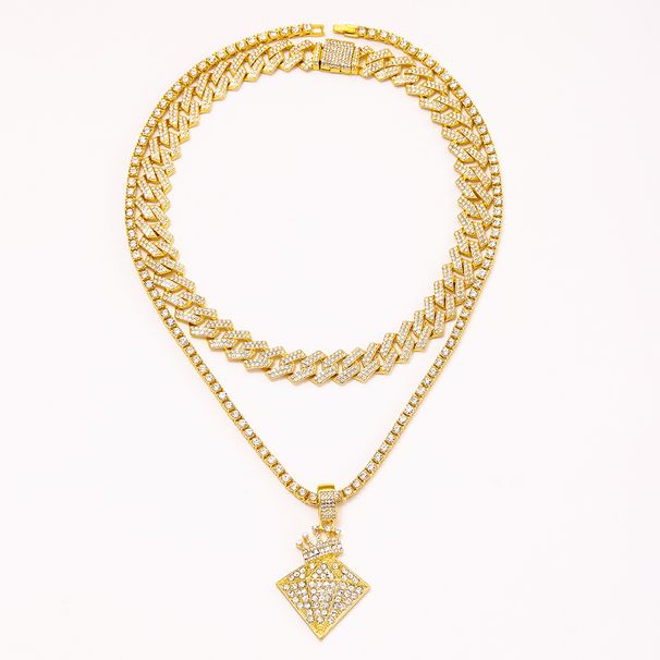 Hip hop alloy full diamond crown diamond high quality fashion necklace set Cuban chain tennis_ipsvogv.com