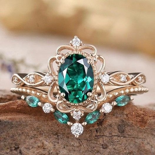 Sanjie Emerald Alloy Inlaid With Green Zircon Rose Gold Pair Ring_ipsvogv.com
