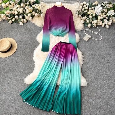 Women's Clothing Royal sister light luxury high end long sleeved pleated printed tops women's casual two piece set loose drape pleated wide leg pants_ipsvogv.com