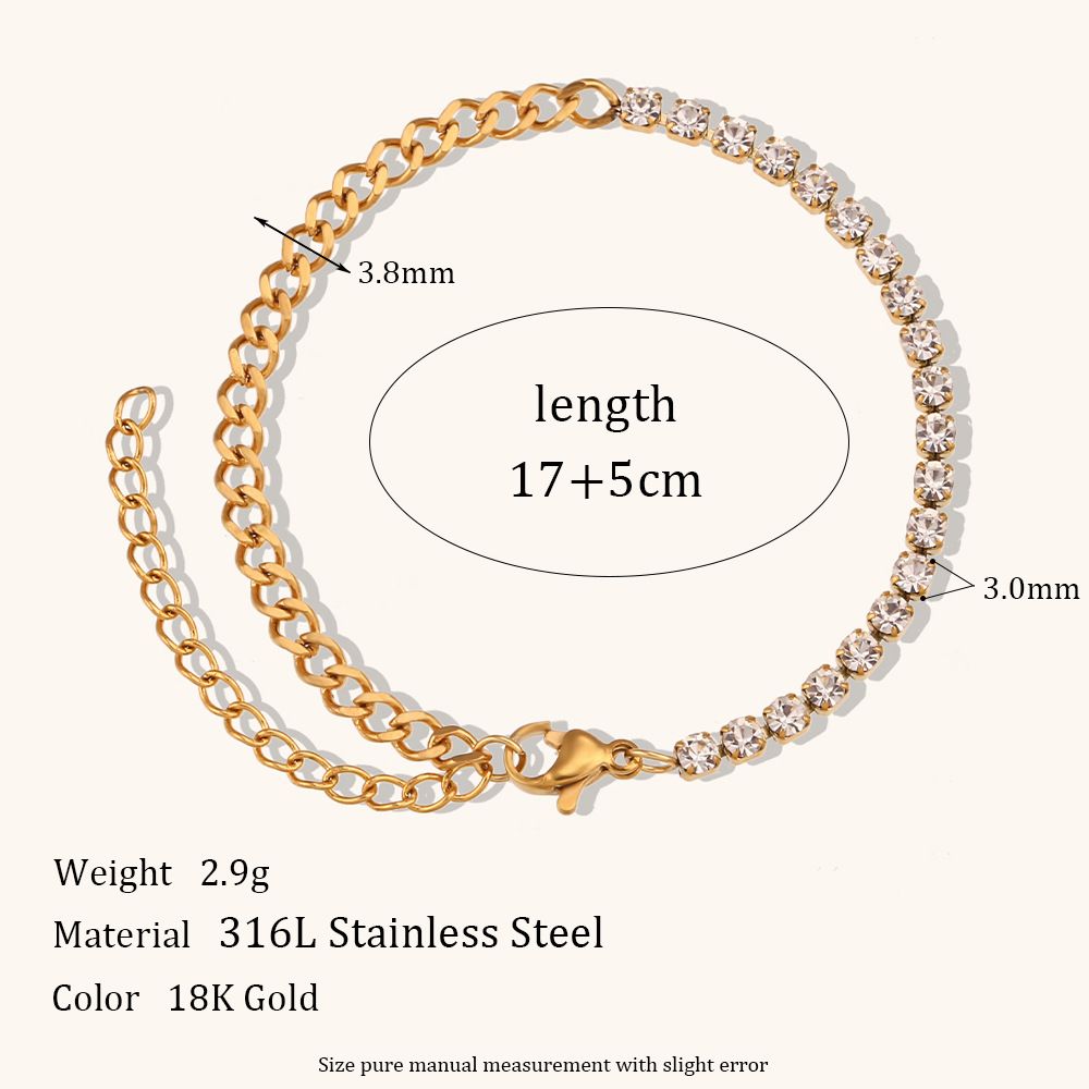 Women's Jewelry Fashion Simple Versatile Hand Jewelry Stainless Steel Gold Plated Thin Cuban Chain Splicing Zircon Bracelet_ipsvogv.com