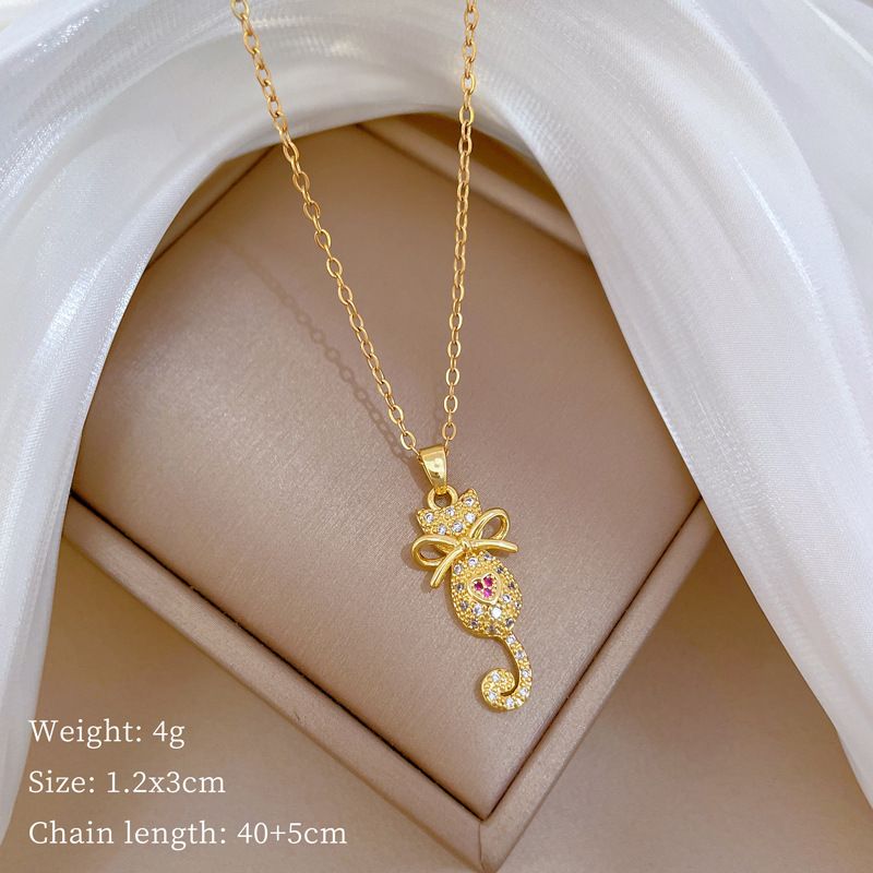 Cat 【 】 Bow Light Luxury Charm Gorgeous Full Diamond Necklace Women's Versatile Clavicle Titanium Steel Chain 【 】_ipsvogv.com