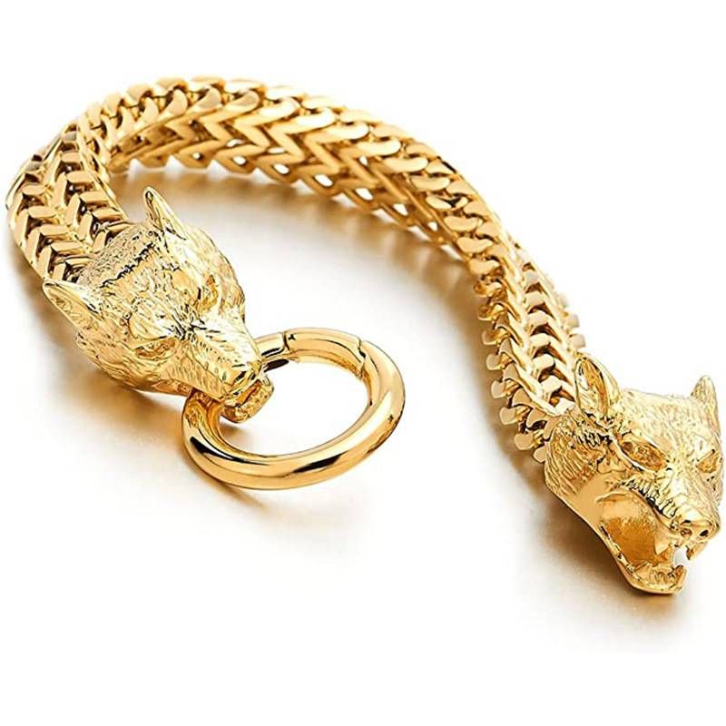 Men's stainless steel Wolf Head Franco Link Chain Bracelet Retro personality Wolf Head bracelet for both men and women_ipsvogv.com