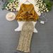 Women's fashion set female socialite temperament lantern long sleeve V-neck lotus leaf bright face shirt women's high waist sequin skirt_ipsvogv.com