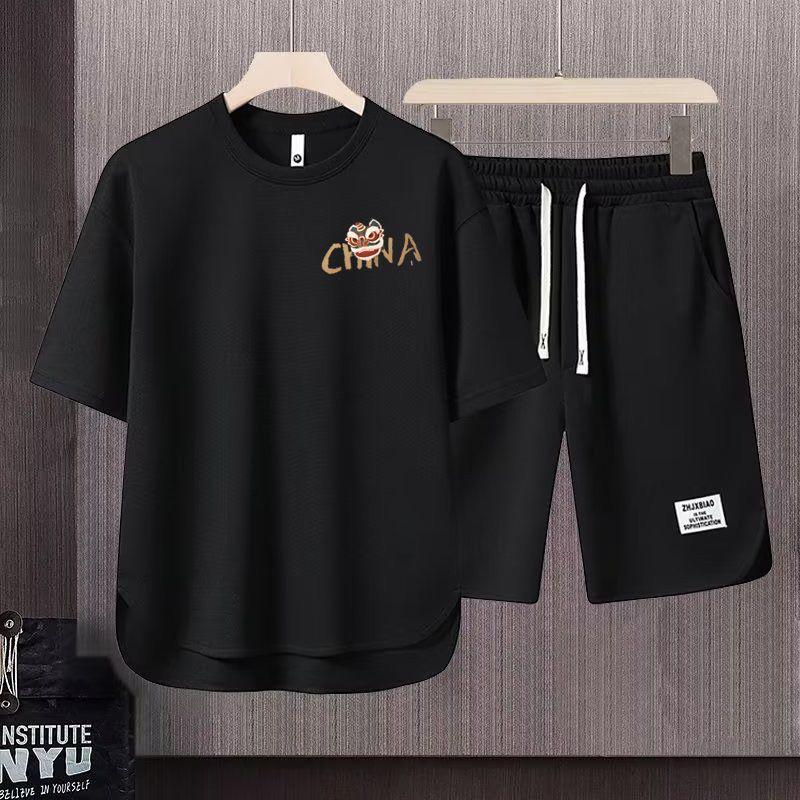 Men's Clothing 2024 Waffle Casual Summer Suit Men's Loose Teen Short sleeved T shirt Shorts Handsome Two piece Suit_ipsvogv.com