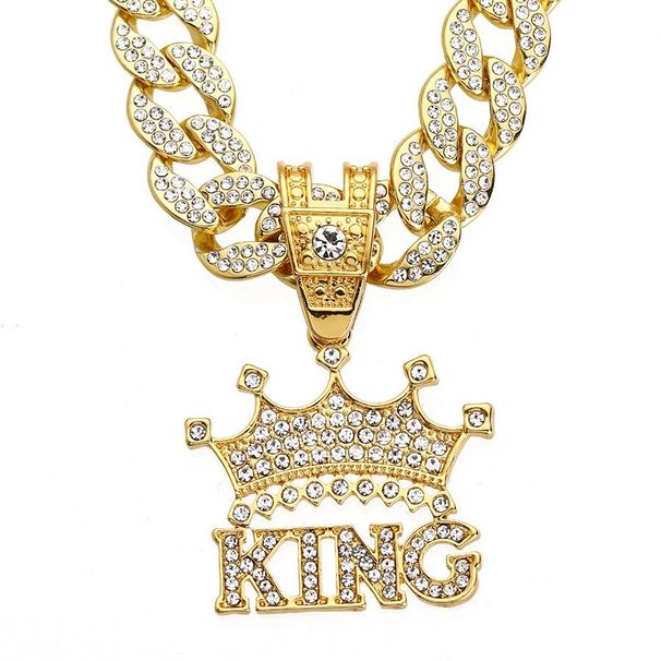 Original hip hop letter KING pendant necklace men's street Cuban chain decoration personality alloy full diamond crown pendant_ipsvogv.com