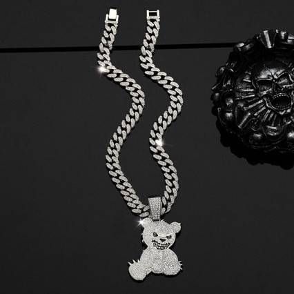 Men's Hip Hop Jewelry Set Fashion Full Diamond Bear Pendant Necklace Cuban Chain Bracelet Three Piece Set_ipsvogv.com