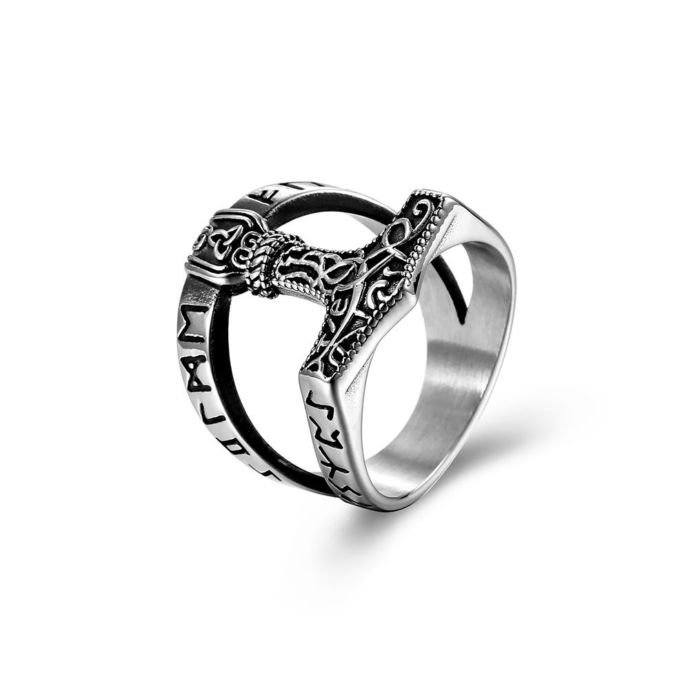 Retro Nordic Viking Text Thor's Hammer Titanium Steel Ring Men's Triangle Knot Large Ring_ipsvogv.com