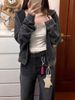 Black gray short cardigan coat female Spring and autumn new fat mm large size hooded small American design sense hoodie_ipsvogv.com