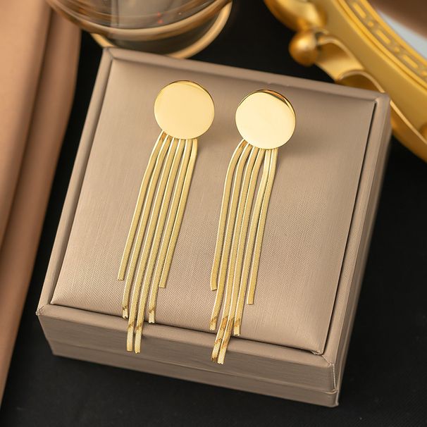Irregular, High-end, Stylish, Simple Titanium Steel Metal Round Brand Blade, Tassel Earrings For Women_ipsvogv.com