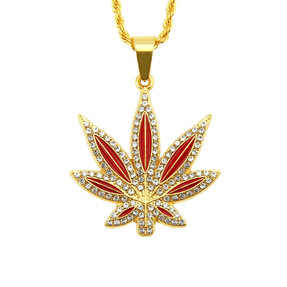 Punk hip-hop jewelry necklace with oil inlaid diamond maple leaf pendant, men's accessory_ipsvogv.com