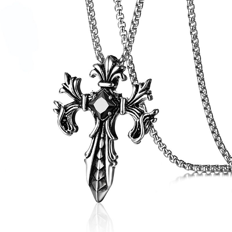 Personality Jewelry Titanium Steel Inlaid Red Pendant Men's Double Dragon Cross Necklace_ipsvogv.com