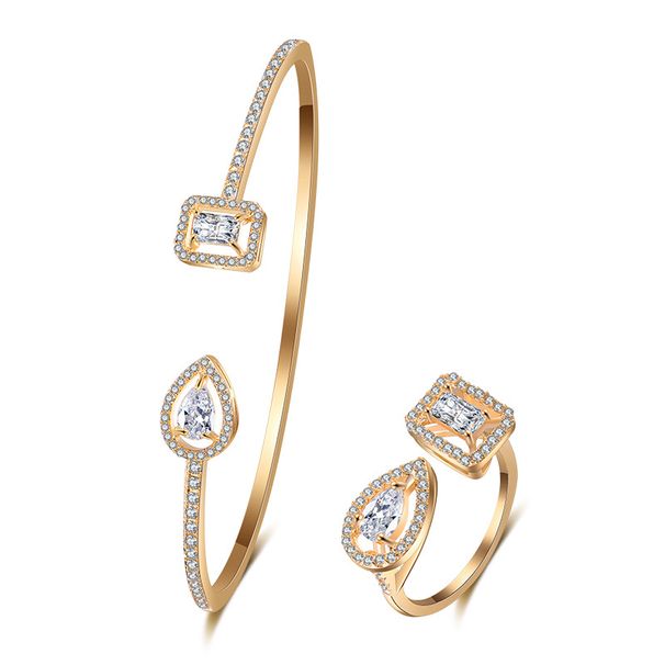 Women's Jewelry Open End Teardrop Full Diamond Zircon Bracelet Ring Two Piece Set High Grade Square Diamond Adjustable Jewelry Hand Jewelry_ipsvogv.com