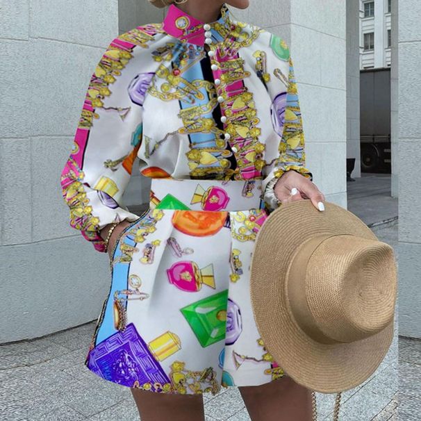 Women's printed long-sleeved blouse and shorts set two-piece_ipsvogv.com