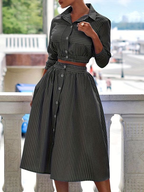 Women's Clothing Long sleeve striped shirt suit skirt_ipsvogv.com