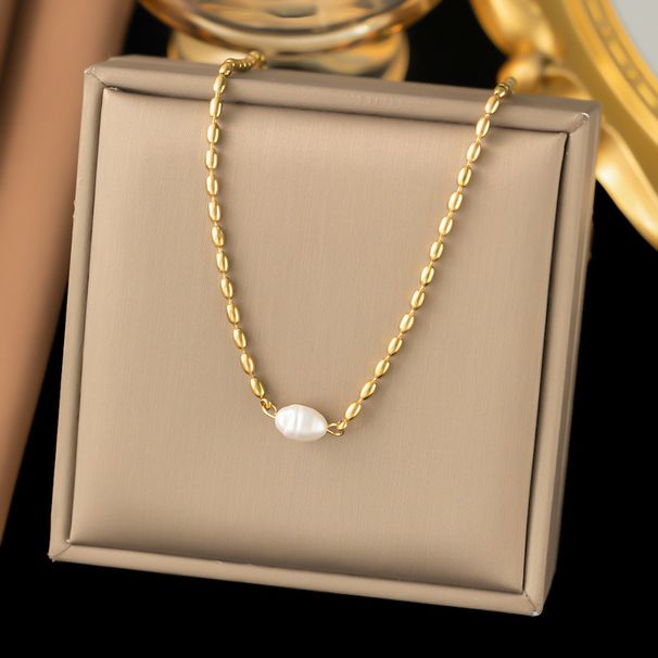 Instagram Trendy Internet Celebrity For Female Niche, Non Fading Natural Freshwater Pearl Oval Gold Bean Titanium Steel_ipsvogv.com
