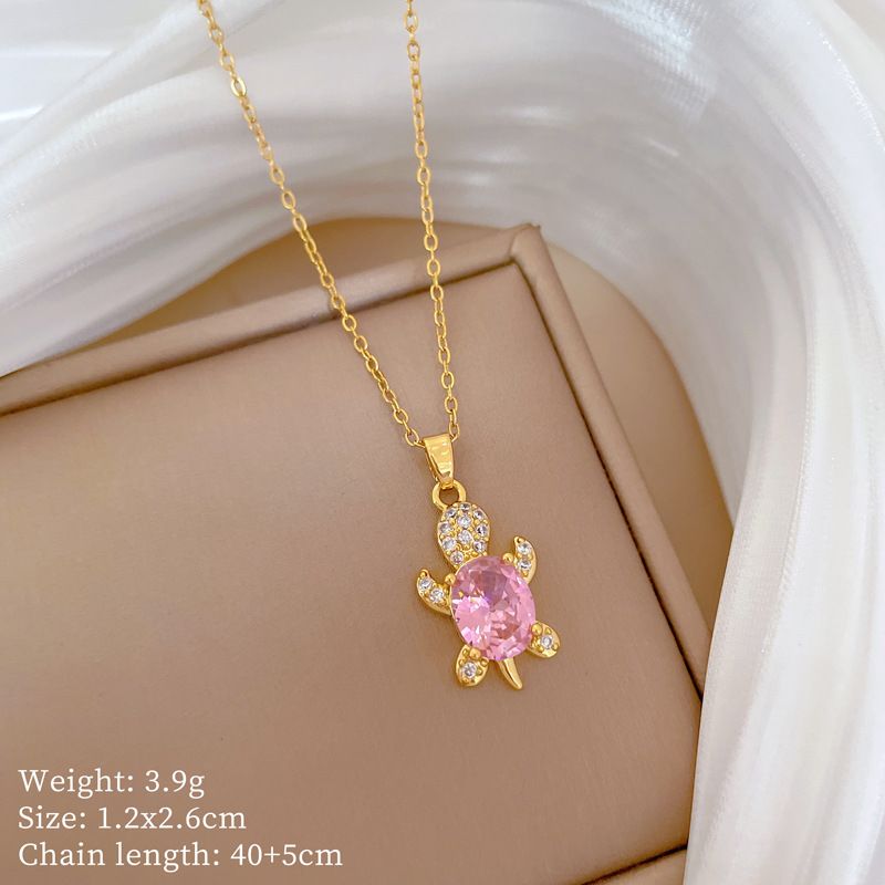 【 Titanium Steel 】 Necklace Earring Light Luxury Full Diamond Pink Turtle Personalized Temperament Banquet Earrings Set_ipsvogv.com