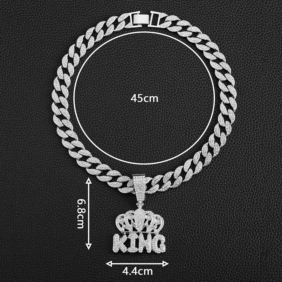 Hip Hop KING Crown Pendant Cuban Chain Letter Eco-friendly Alloy Men's Headwear Necklace_ipsvogv.com