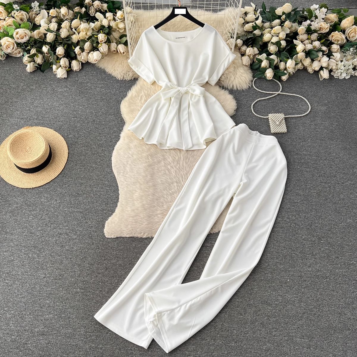 Women's Clothing retro fashion round neck short sleeved tie waist top two piece suit women's casual loose high waist wide leg trousers_ipsvogv.com