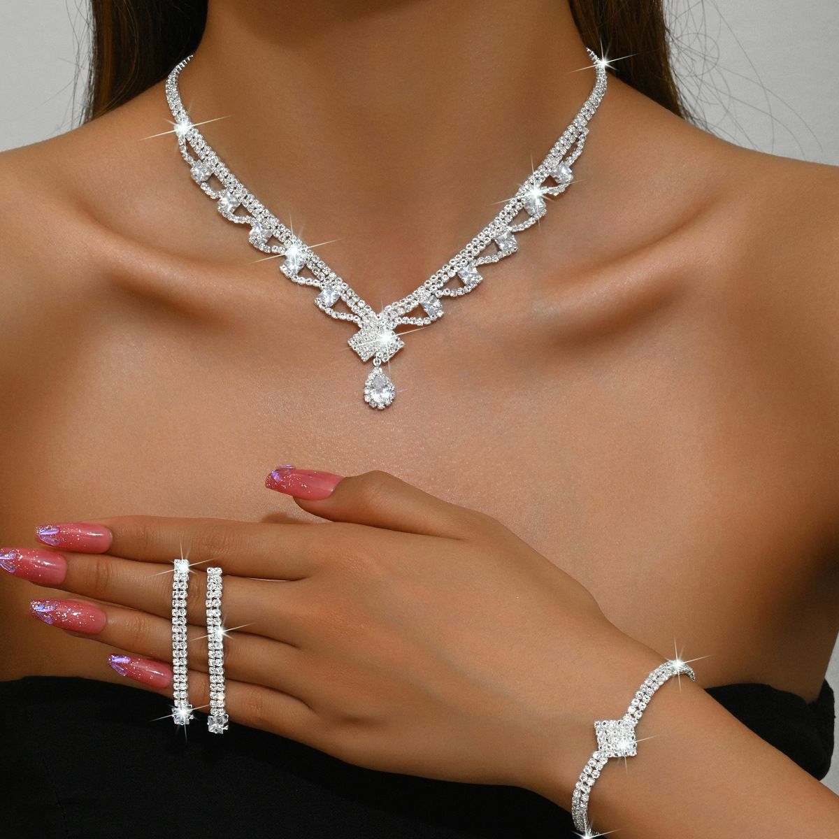Women’s Jewelry Set Fashion Jewelry Shiny Loose Diamond Zircon Necklace Earrings Set Bride Set Necklace 3 Piece Jewelry Set_ipsvogv.com