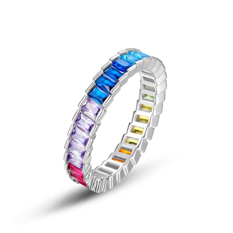 S925 Silver Rainbow Zircon Ring Female Super Flash Square Diamond Colorful Ring Ins Hip Hop_ipsvogv.com