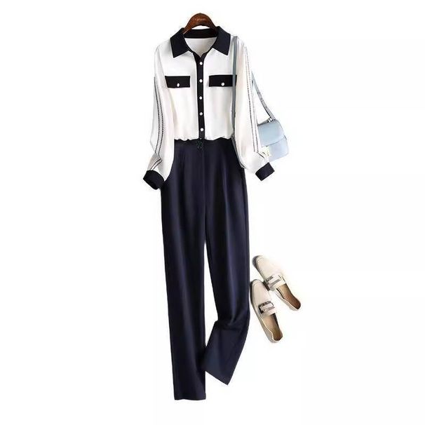 Women's Clothing temperament professional fashion suit women autumn contrast shirt casual long pants two piece suit_ipsvogv.com