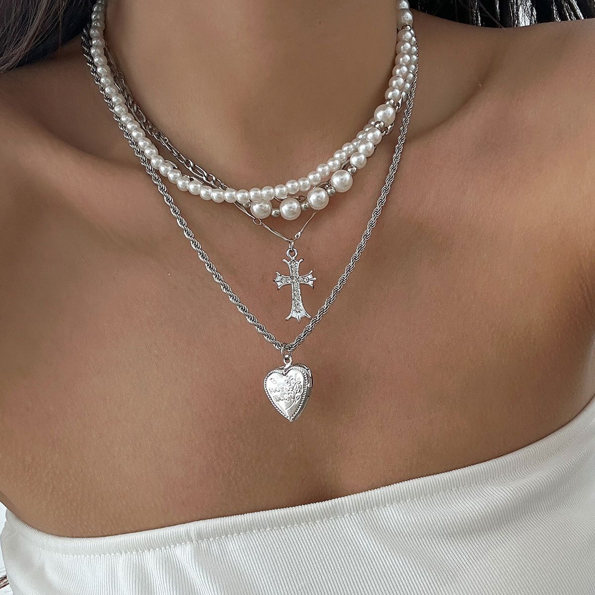 Pearl necklace jewelry autumn and winter clavicle chain cross pendant heavy multi layer choker female_ipsvogv.com