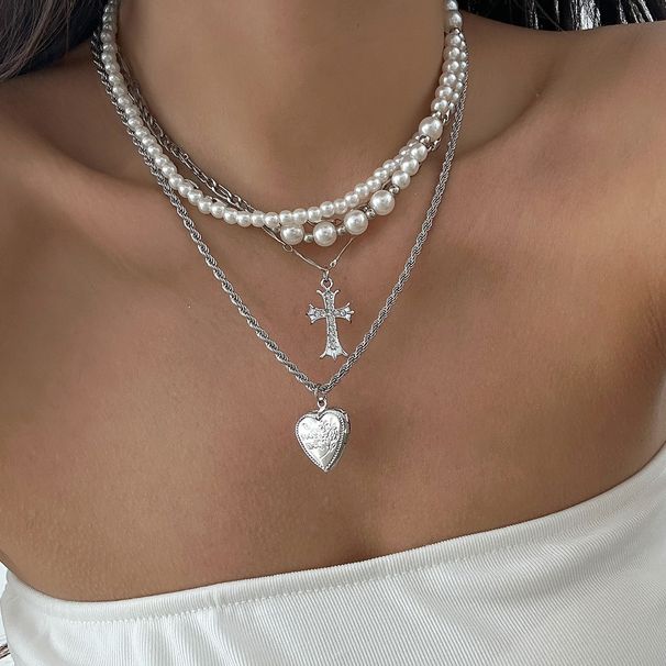 Pearl necklace jewelry autumn and winter clavicle chain cross pendant heavy multi layer choker female_ipsvogv.com