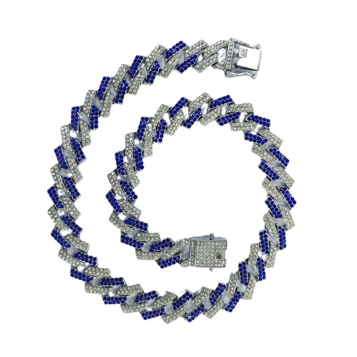 Unisex Popular Diamond Double Row Blue Diamond Full Diamond Bar Cuban Chain 15mm Men's Hip Hop Jewelry Cuban Necklace_ipsvogv.com