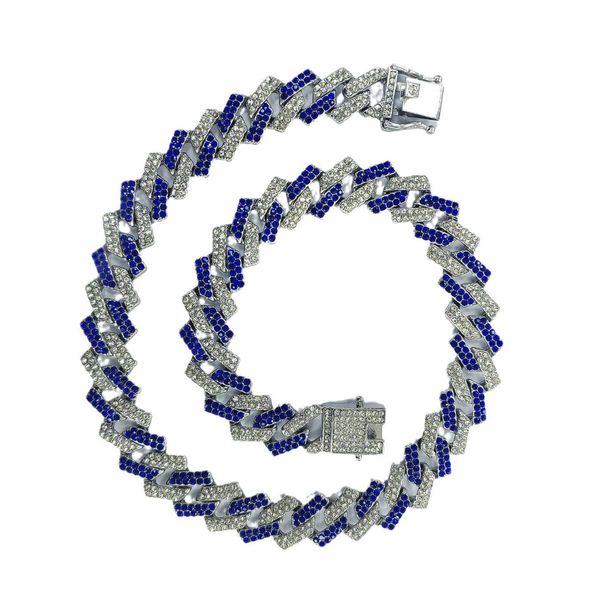 Unisex Popular Diamond Double Row Blue Diamond Full Diamond Bar Cuban Chain 15mm Men's Hip Hop Jewelry Cuban Necklace_ipsvogv.com
