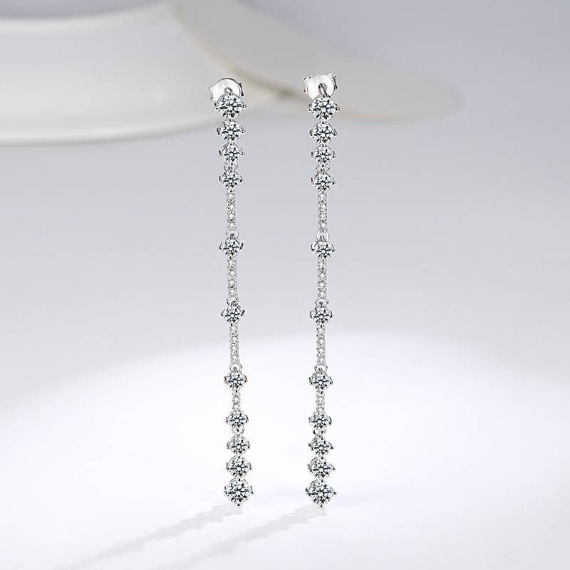 Women's Jewelry Silver Moissanite Earrings Long Earrings For Brides And Brides Wedding Dresses Temperament Earrings_ipsvogv.com