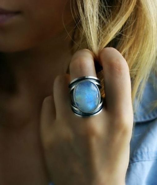 Sanjie's New Inlaid Rainbow Moonstone Exaggeratedly Imitates Thai Silver Drip Glue Ring For Women_ipsvogv.com