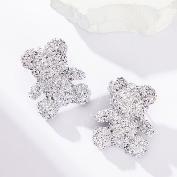 Korean Version Fashionable Full Dia High-end Temperament Acrylic Cute Little Bear Earrings, Sier Needles,_ipsvogv.com