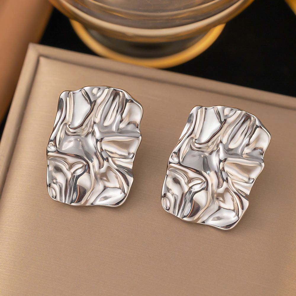 Fashionable Temperament Gold Stainless Steel Geometric Pleated Texture Earrings, High-end Earrings For Women_ipsvogv.com