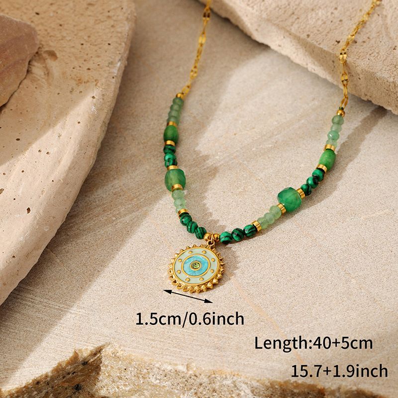Turquoise Stone Beaded Necklace - Gold Plated Stainless Steel Clavicle Chain_ipsvogv.com