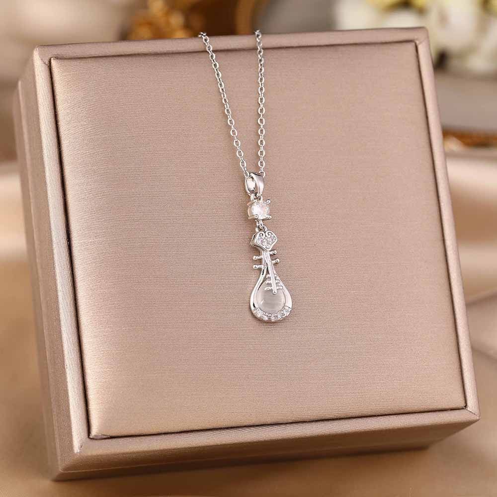 Fashionable Chinese Style Pipa Titanium Steel Necklace, Women's Micro Inlaid Zircon Instrument Shaped Pendant, Light_ipsvogv.com