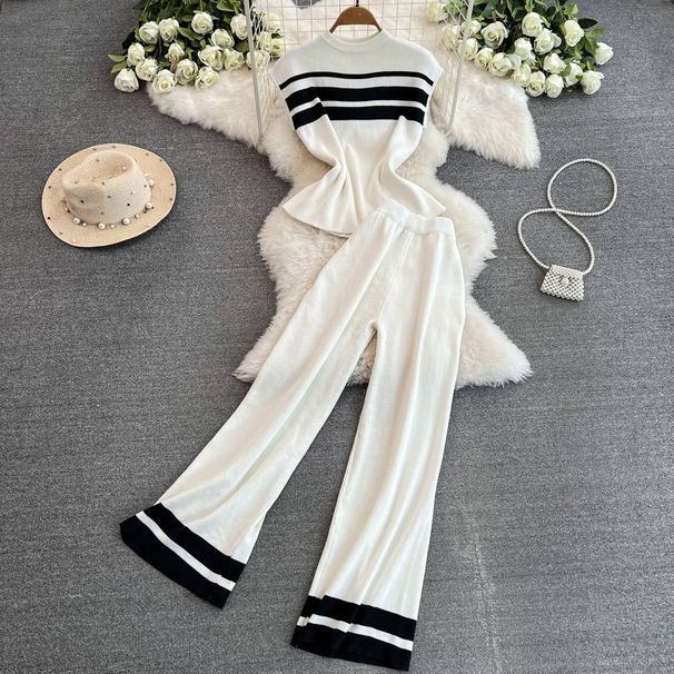 Women's Clothing sleeveless slim fit knitted top two piece suit casual high waist slim straight wide leg pants_ipsvogv.com
