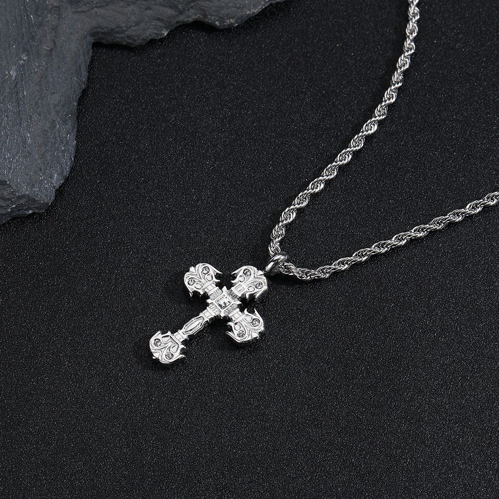 Hip hop cross zircon pendant personality men's necklace titanium steel necklace does not fade female summer accessories_ipsvogv.com