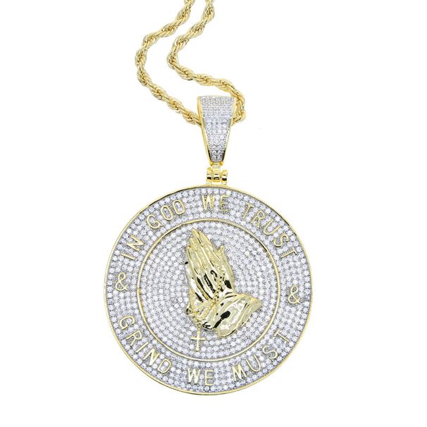 Men's Punk Style Hip Hop Prayer Hands Pendant Necklace With Rhinestones, Letter Charm, 60cm Gold Chain Hands Folded Together, Praying Letter Pendant_ipsvogv.com