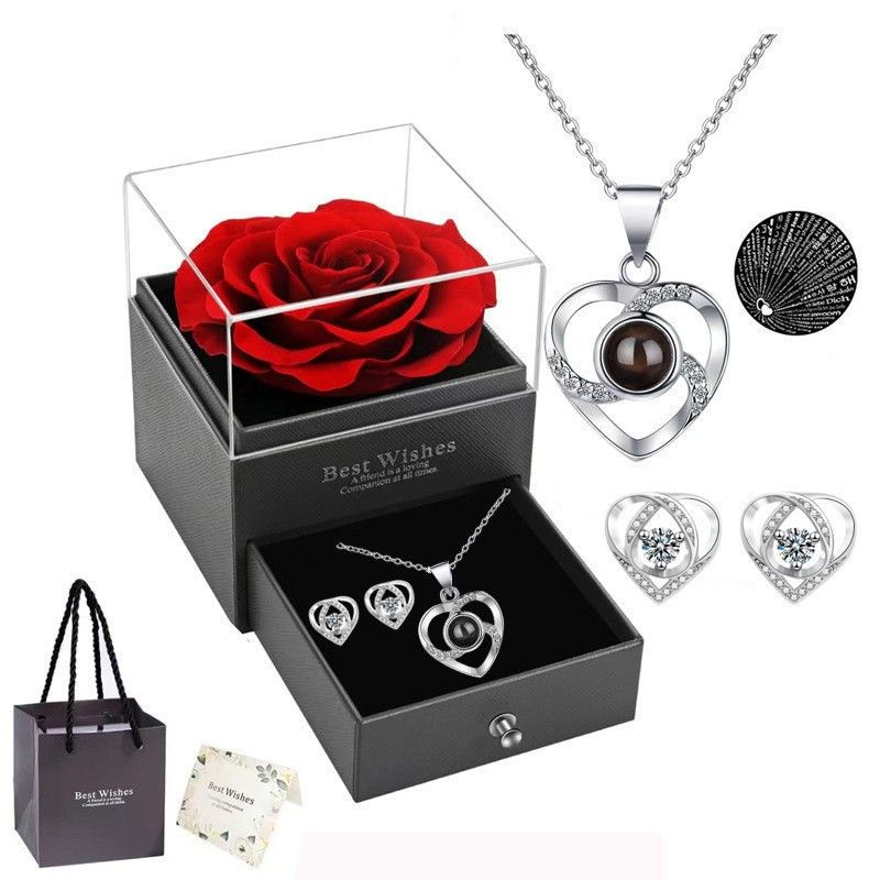 Women’s Jewelry Set Fashion Christmas Thanksgiving Valentine's Day gift projection necklace earrings eternal flower gift box_ipsvogv.com