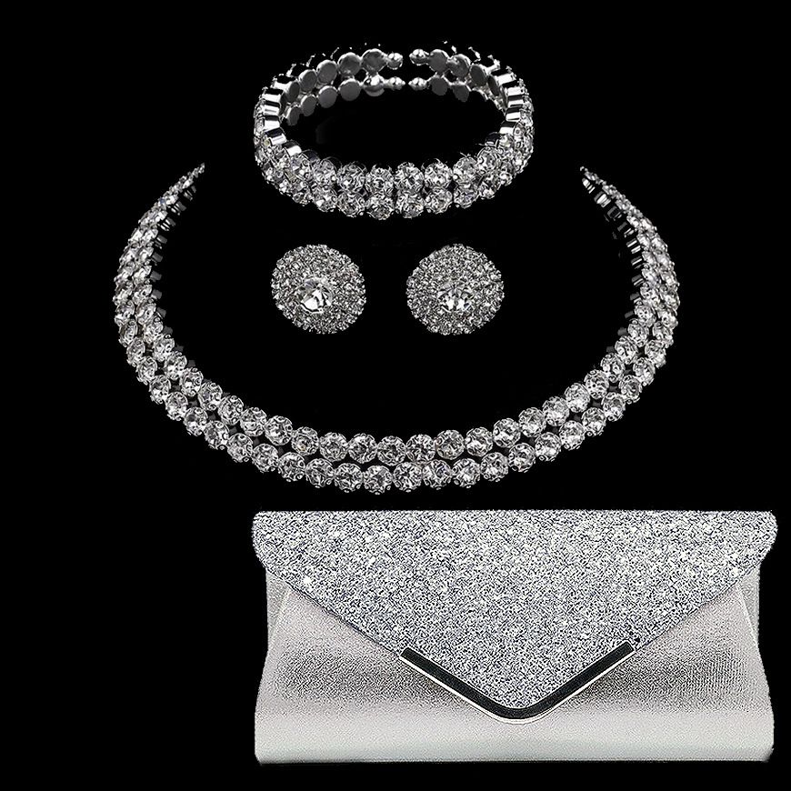 Fashion full diamond clavicle chain earrings bracelet clutch bag Bridal jewelry sets_ipsvogv.com