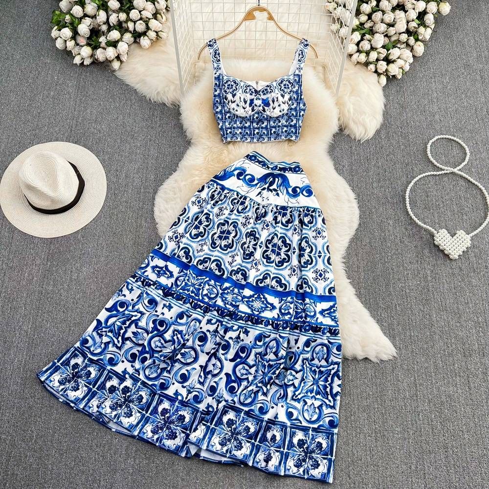Women's Clothing Casual Celadon Print Camisole Two piece Set High Waist Slim A Line Swing Skirt Summer_ipsvogv.com