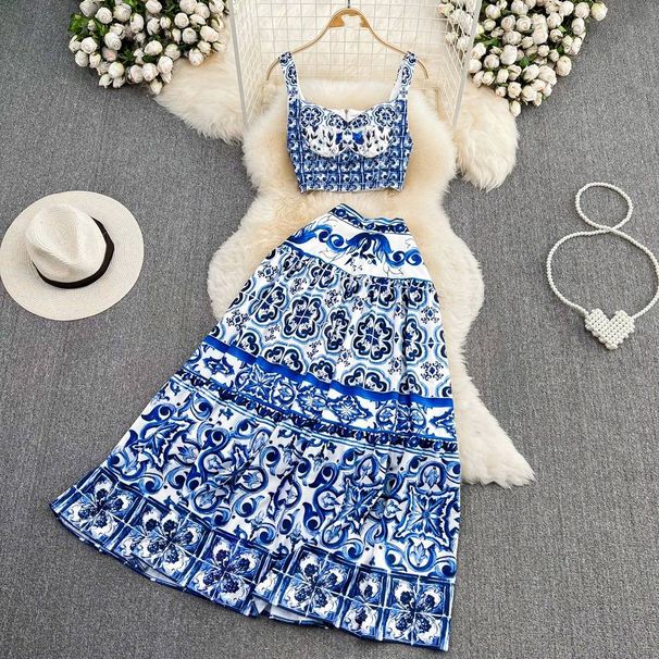 Women's Clothing Casual Celadon Print Camisole Two piece Set High Waist Slim A Line Swing Skirt Summer_ipsvogv.com