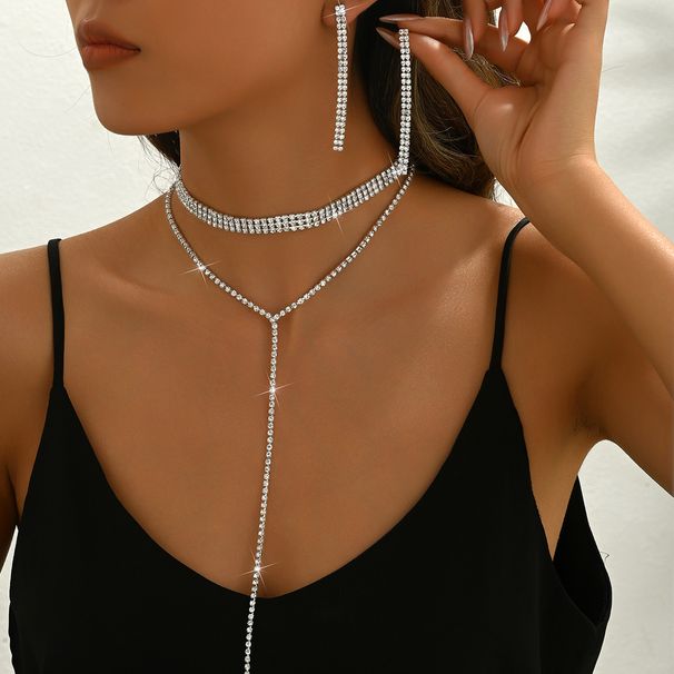 Yiwu New Full Diamond Multi-layer Fashion Simple Long Tassel Necklace Earrings Women's Jewelry_ipsvogv.com