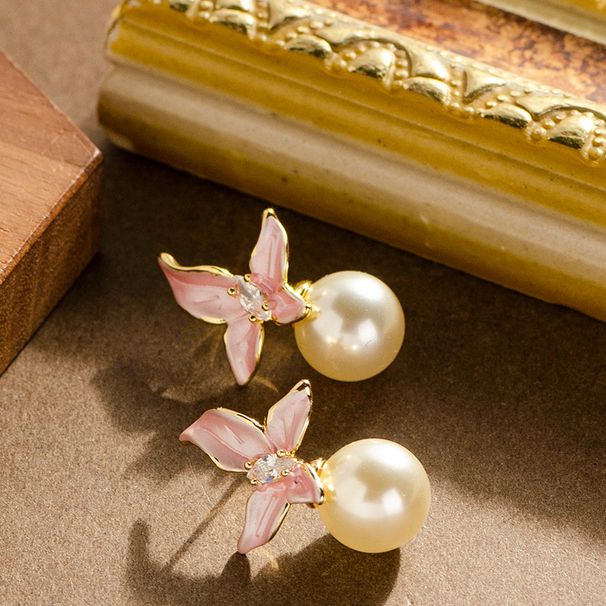 French Elegant Small Fragrance Style Inlaid With Diamonds, Glazed Flowers, Pearl Earrings, Women's High-end_ipsvogv.com